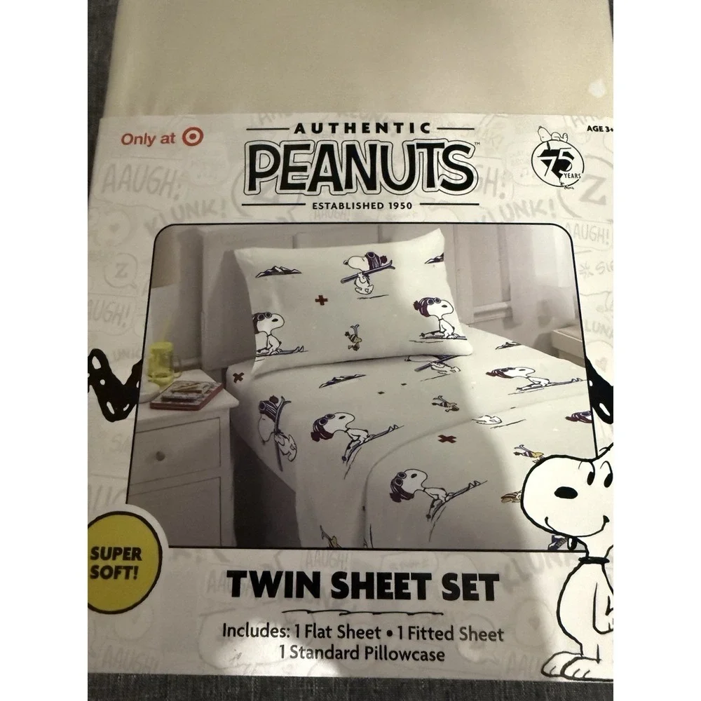 Peanuts 75 Years Snoopy Skiing Winter Holiday Twin Sheet Set 3 Pc Exclusive NEW